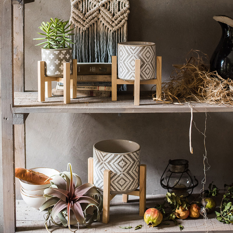 极速迷因陶瓷花盆m实木支架花器装饰器皿摆件素雅日式北欧