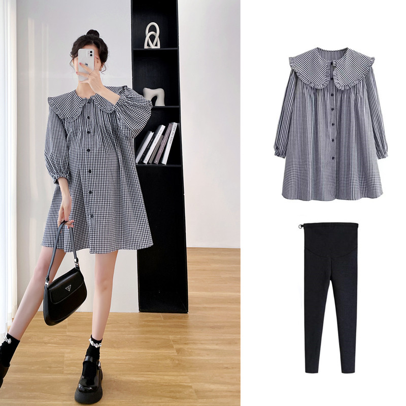 新品孕妇装春装套j装时尚2025新款夏季宽松遮肚连衣裙格子娃娃衬