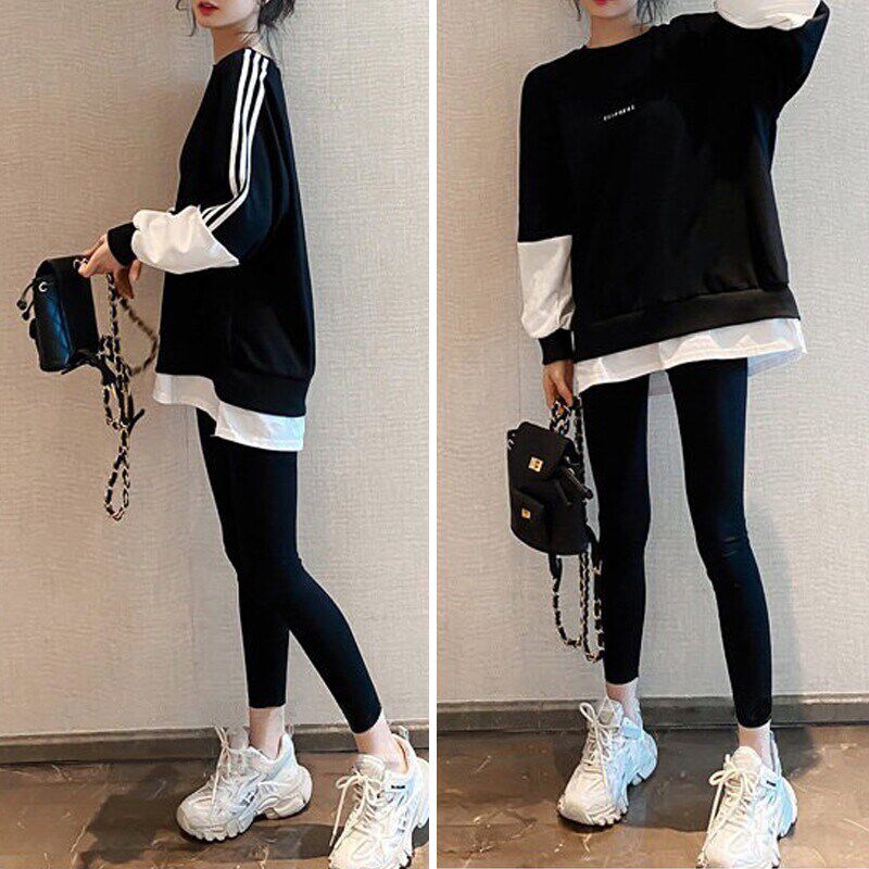 新品孕妇装春装上衣假两件宽松卫衣中长款孕妇套装春季.外出两件