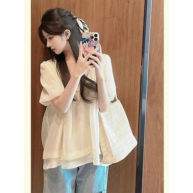 新品孕妇装春夏装套装2025新款时尚雪纺娃娃衫上衣短Y袖T恤夏天两