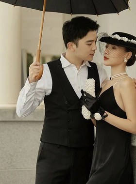 极速黑色晚礼服手套新娘蝴蝶结婚C纱网红旅拍照道具写真法式复古