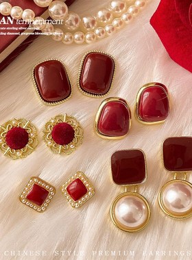 极速复古港风耳针2l023年新款红色气质耳环小众设计耳夹无耳洞银