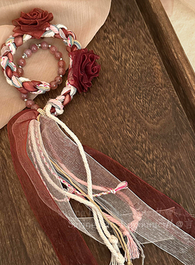 极速新中c式天然南红珠子手工编织绳手錬女款红色玫瑰飘带民族风