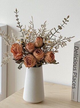 极速仿真花假花摆设客厅餐桌花花卉装饰摆L件焦边玫瑰绢花插花瓶