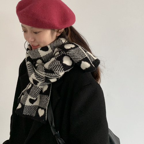 极速柔软双面爱心格子针织围巾女2021冬季新款学U生保暖韩版百搭
