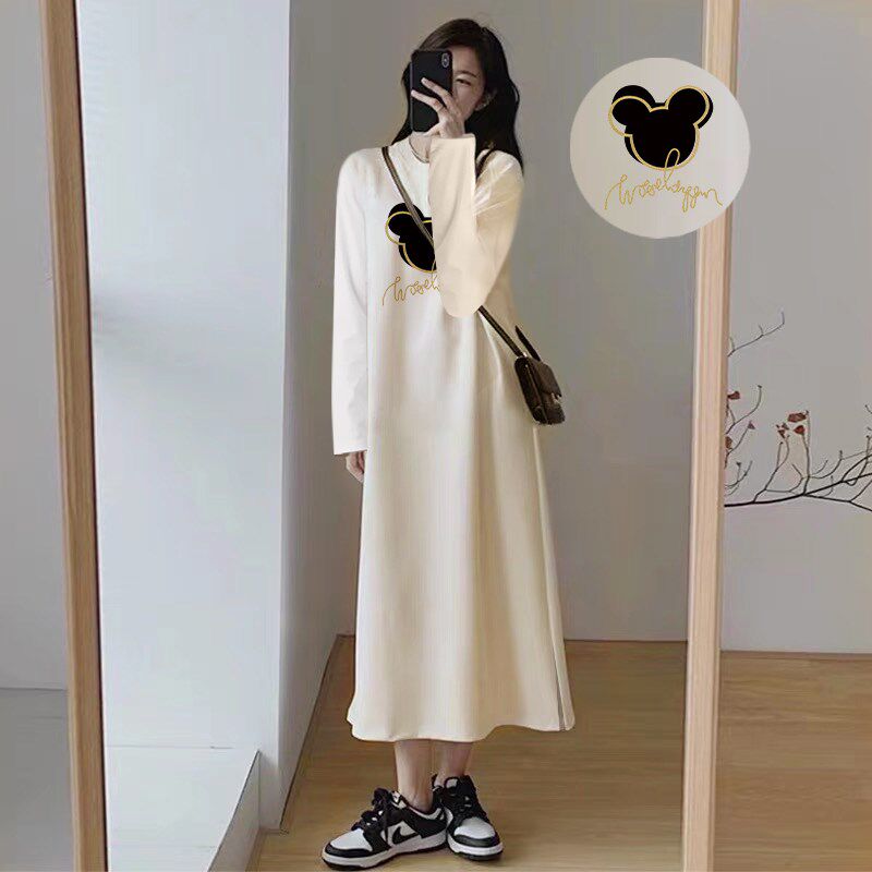 极速孕妇连衣裙春装2025新款t恤裙子过膝中长款宽V松大码长袖长裙