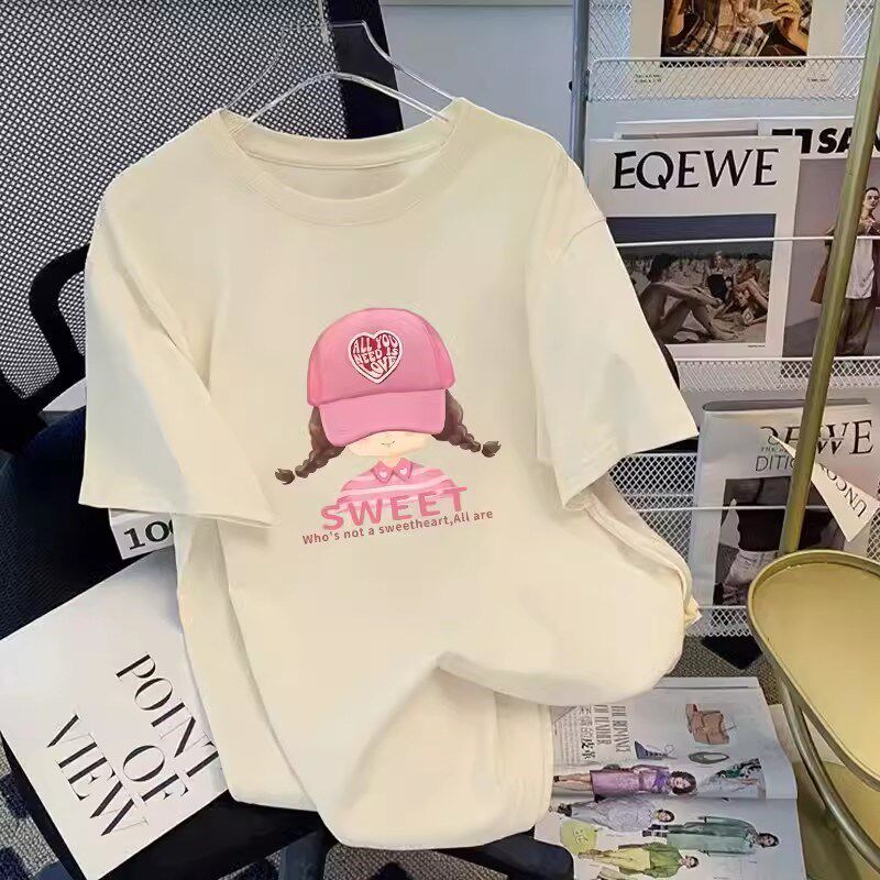 新品孕妇上衣夏装202q5新款纯棉短袖t恤女宽松洋气遮孕肚卡通印花