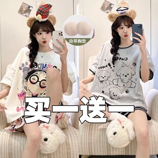 套装 睡衣女夏季 短袖 家居服清新少女系短裤 带胸垫甜美可爱宽松大码