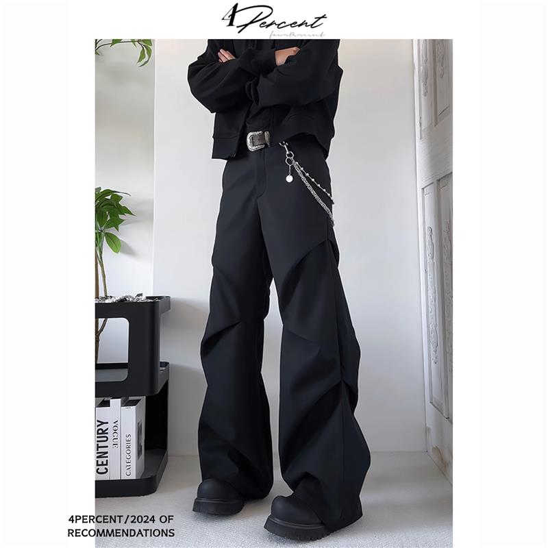 4PERCENT美式小众设计感褶皱休闲西裤男女垂感微喇拖地阔腿休闲裤