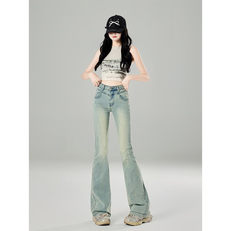 浅蓝色微喇牛仔裤女2025年春季新款小个子高腰百搭显瘦马蹄喇叭裤