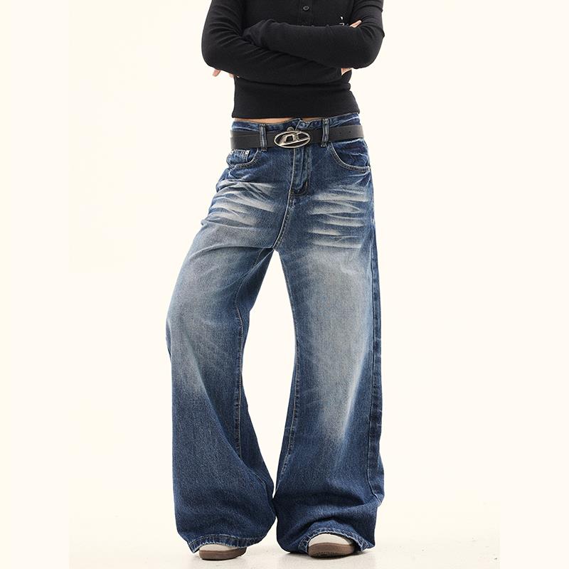偏长拖地牛仔裤美式复古设计感小众水洗秋冬女宽松直筒长裤脚微喇