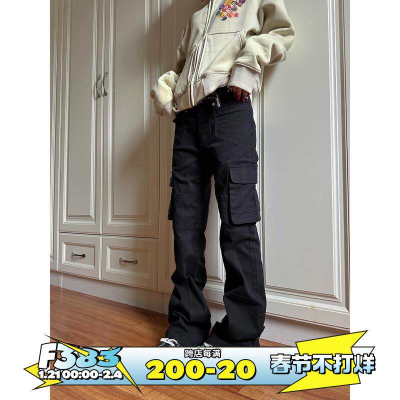 F383 直筒微喇工装裤男女宽松显瘦美式复古cleanfit休闲牛仔裤子