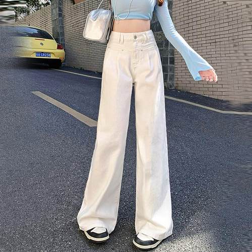 MNVZ新款米白色直筒牛仔裤女2025春季高腰宽松设计感阔腿拖地裤子