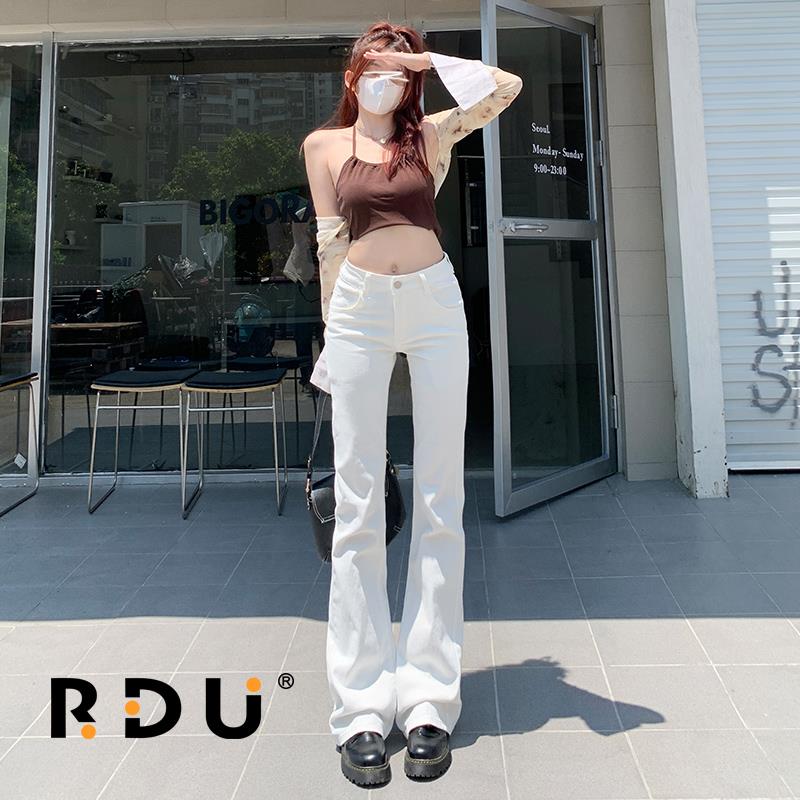 RDU 秋冬新款白色微喇修身显瘦牛仔裤女高腰垂感拖地喇叭马蹄裤