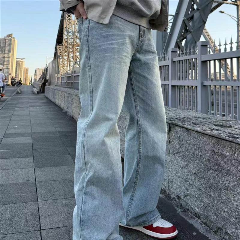 22TREE美式复古冰蓝染牛仔裤男季vibe风做旧直筒阔腿裤高街潮长裤