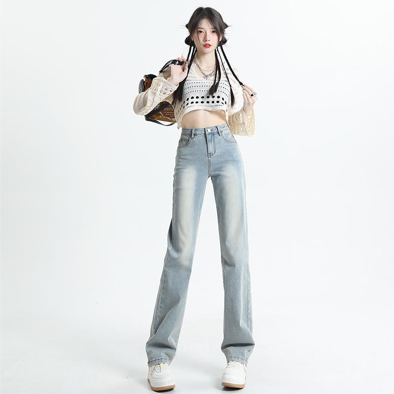 MNVZ新款浅色直筒牛仔裤女春季韩版弹力高腰显瘦拖地烟管裤小个子