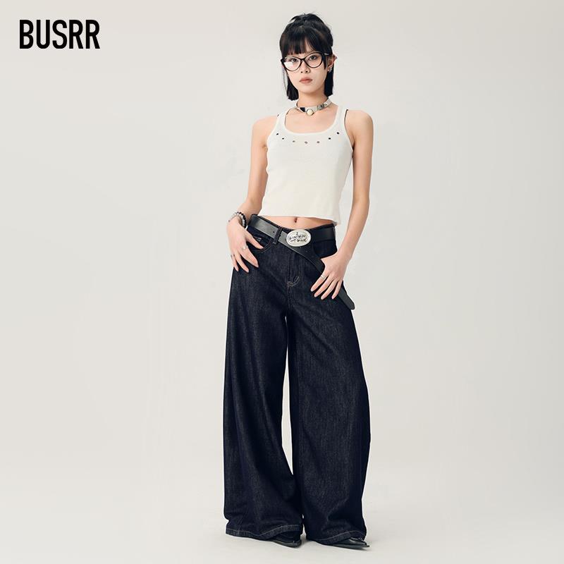 busrr蓝色阔腿牛仔裤女2025新款垂感百搭宽松显瘦拖地直筒裤子