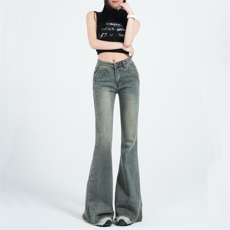 ZNZX2024春夏新品复古微喇叭牛仔裤女拼接毛边显瘦美式拖地长裤潮