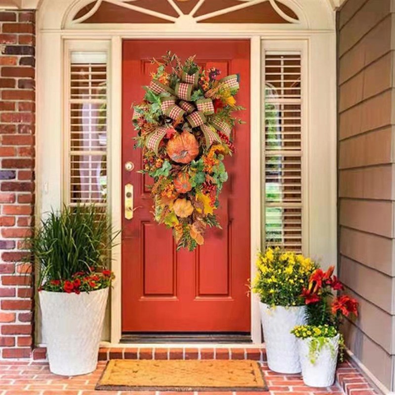 极速Fall Wreathsl for Front Door Autumn Maples Leaf Pumpkin