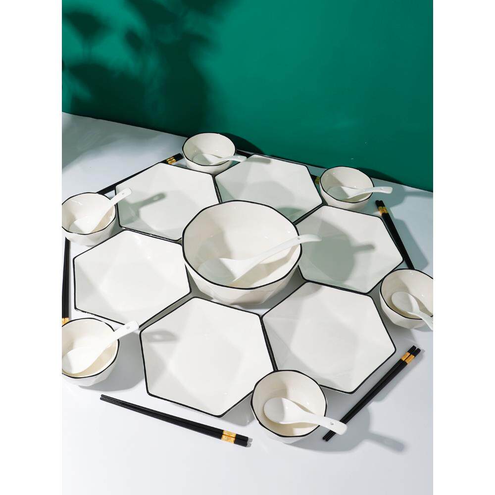 北欧风碗碟套装家用2025新款六角拼盘餐具高颜值陶瓷碗盘碗筷组合