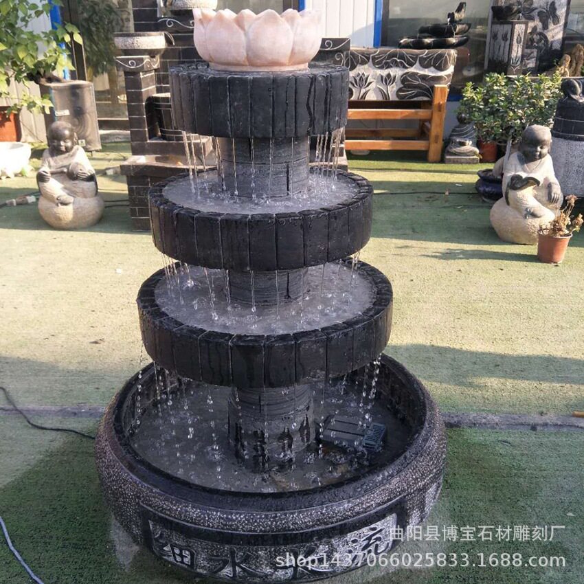 仿古青石雕荷叶循环流水鱼缸摆件
