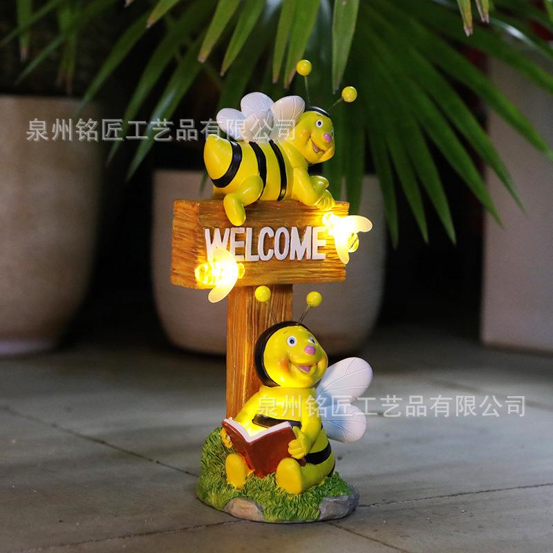 户外卡通蜜蜂欢迎牌太阳能灯树脂摆件花园别墅创意可爱动物工艺品