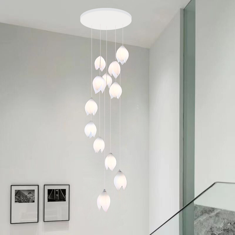 北欧奶油风别墅复式吧台阁楼旋转楼梯长吊灯温馨花朵兰花瓣吊灯