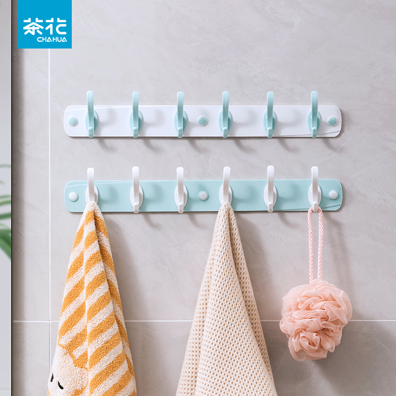茶花挂钩强力粘胶粘钩门后免打孔厨房粘贴连排挂衣服的壁勾一排式