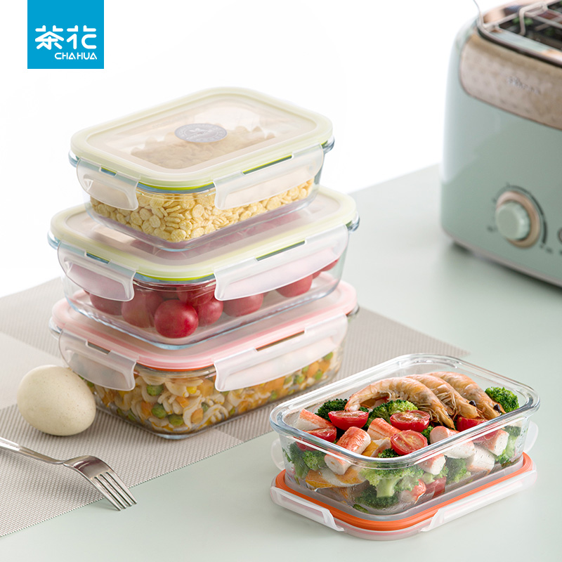 茶花玻璃饭盒上班族微波炉加热便当盒专用碗保鲜盒餐盒带盖密封