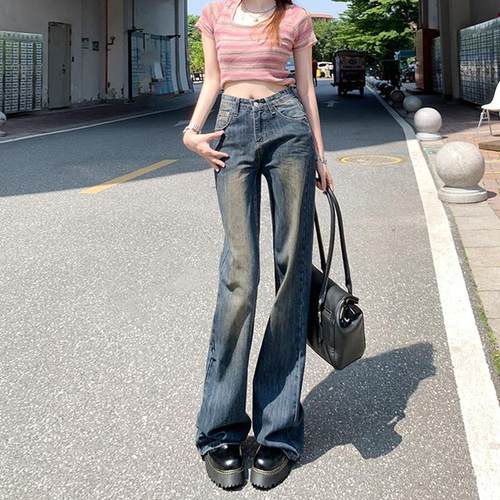 MNVZ复古微喇叭牛仔裤女欧美设计感高腰显瘦阔腿百搭拖地马蹄裤子