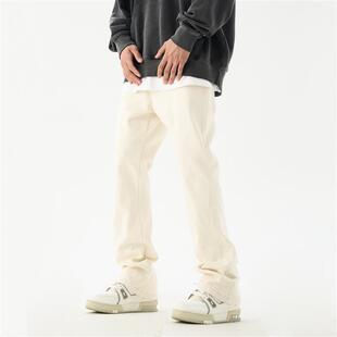 子弹力显瘦百搭潮牌休闲牛仔裤 FLY 复古杏色直筒微喇叭裤 美式 OFF