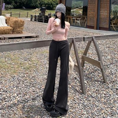 弄格2024秋冬新款加绒中高腰灰色卫裤女运动微喇叭休闲显瘦长裤子