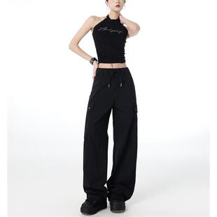 温姗美式复古高腰休闲工装裤女春夏小个子宽松直筒阔腿薄款裤子潮