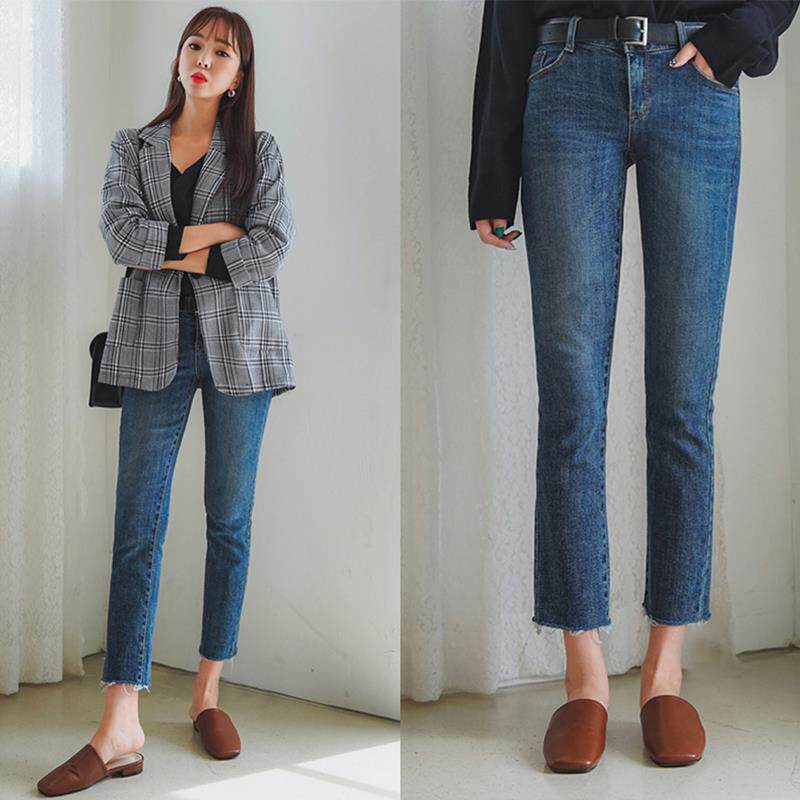 蓝色直筒牛仔裤女春秋八九分小个子2025年新款高腰修身烟管裤显瘦