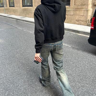 A/G 巴黎重磅竹节棉水洗复古做旧bootcut直筒微喇显瘦牛仔长裤