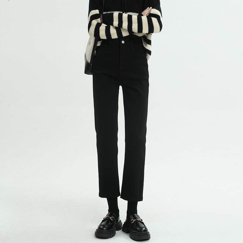 黑色高腰直筒牛仔裤女窄版小个子女拖地裤子加绒烟管裤女2025新款