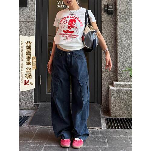 川川也家美式高街多口袋弯刀工装裤男女设计宽松褶皱休闲水洗长裤