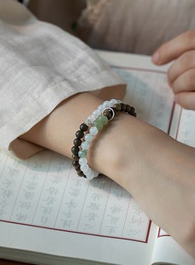 极速清灵小物6m绿檀和田玉w好运双蒂莲天山玉飘绿珠手链手串银环