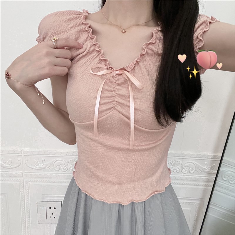 速發(fā)新品 乖乖甜心bm吊帶短袖款t恤修身顯瘦短款蝴蝶結(jié)上衣木耳邊