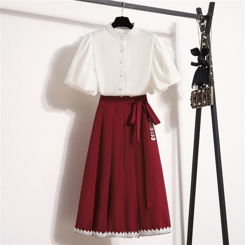 速发大码春秋新中式国风红色半身裙女胖mm高腰a字百褶长裙显瘦马