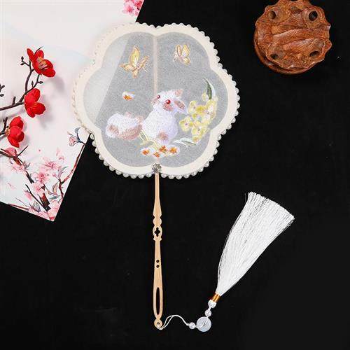 极速古风刺绣团扇儿童汉服旗袍配B饰兔子扇子半透明女童绣花舞蹈