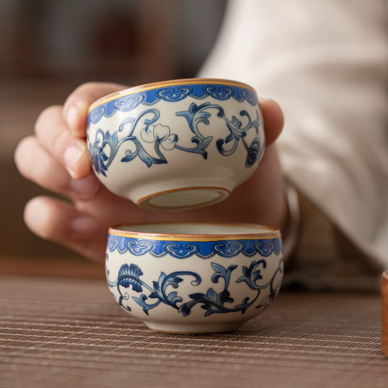 速发汝窑缠枝莲茶杯单杯家用待客品茗杯陶瓷功夫茶具开片可养主人