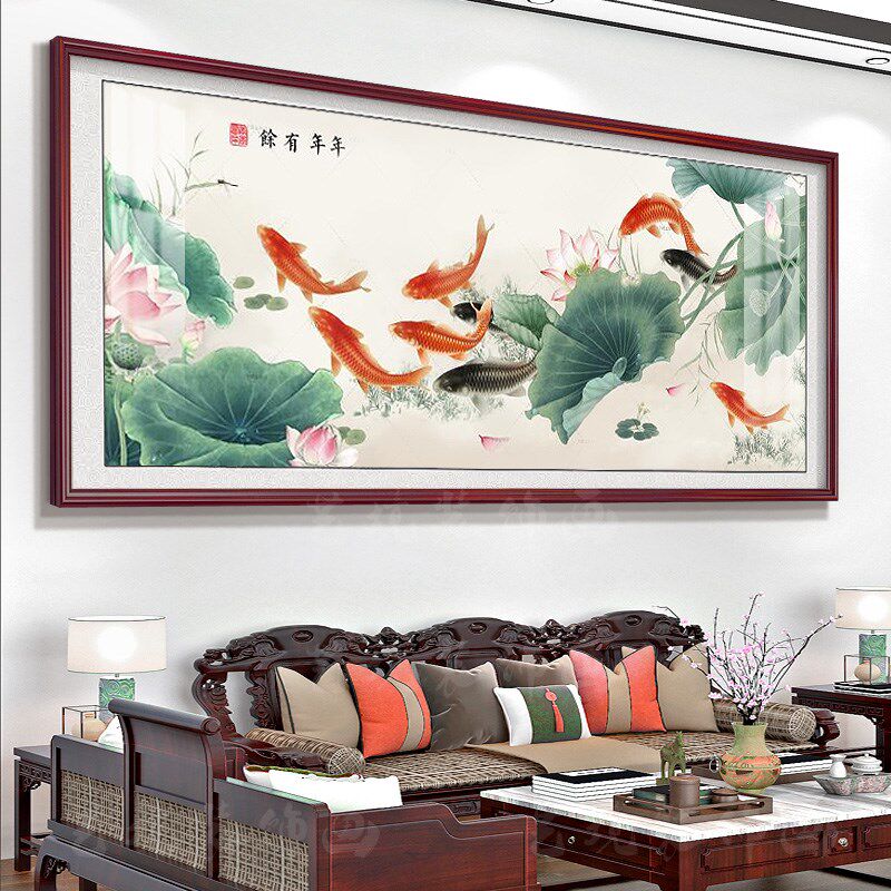 速发荷花九鱼客厅沙发背挂墙壁景饰中堂装画莲花字画聚财图家和事