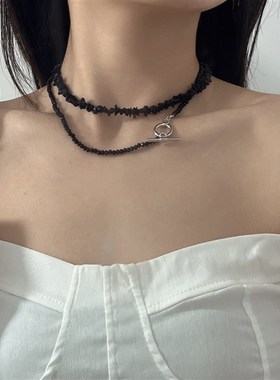 速发新款黑色碎石水晶项链小众叠戴双层OT扣锁骨链夏个性颈链潮
