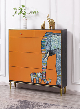 至高美式轻奢实木翻斗鞋柜小户型鞋架手绘大象橙色储物柜工厂批发