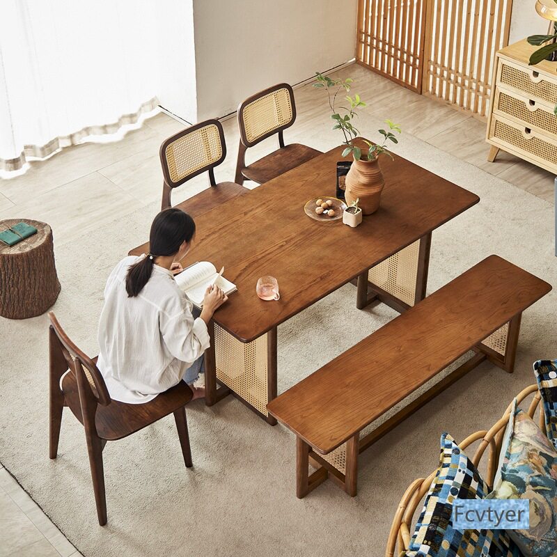 奕星琳胡桃白蜡木日式餐桌子椅子餐桌椅组合色长凳实木桌复古藤编
