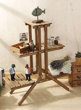 3层 对称阶梯花架子藤架绿萝地中海风格情调深蓝色复古色幼儿学校