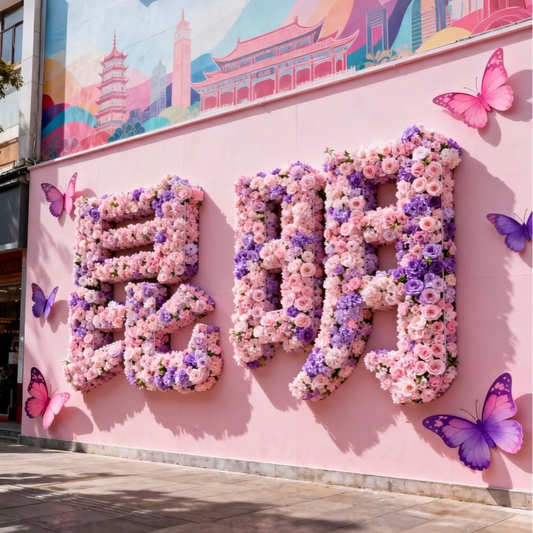 网红地标打卡背景花墙玫瑰花假花装饰字体造型设计户外拍照打卡点