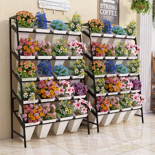 2026花店花架子组合斜梯式鲜花塑料收纳架花桶架可移动轻奢铁艺展