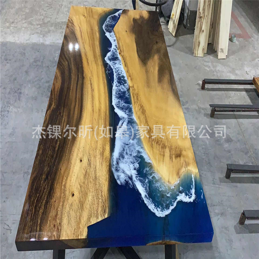 蓝色河流实木树脂桌桌|黑胡桃茶几|树脂河流桌厂家定制